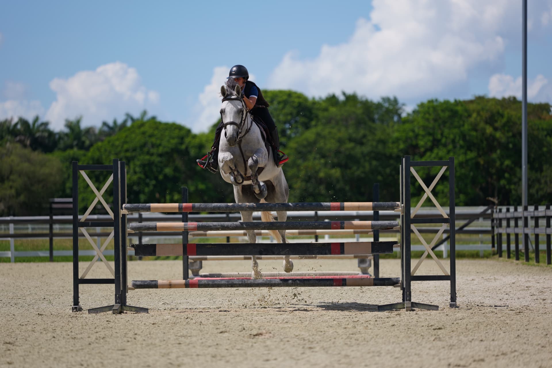 Rider on a gray horse clearing a show jump at L'Écurie Equestrian Club