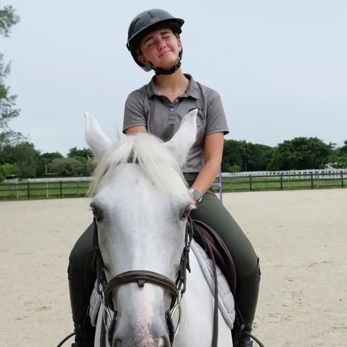 Rider aboard a grey horse in the arena